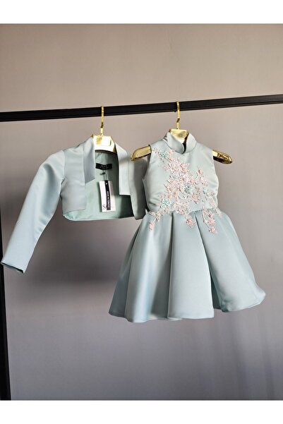 SCSTİL KÜF YEŞİLİ APLİKELİ BOLEROLU ÇOCUK ELBİSE