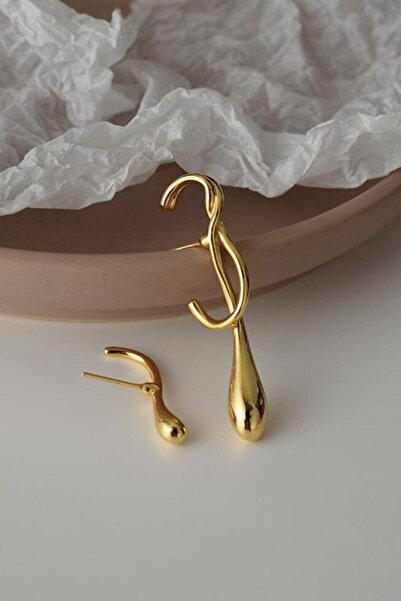 Dora Accessories Damla Şeklinde İki Kulak Farklı Altın Renk Küpe