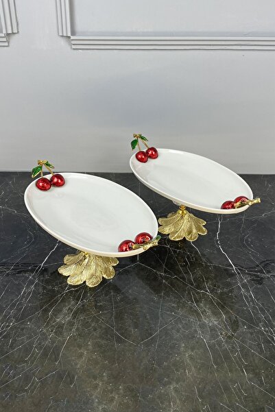 MAY HOME 2-Piece Oval Porcelain Plate with Cherry Handle