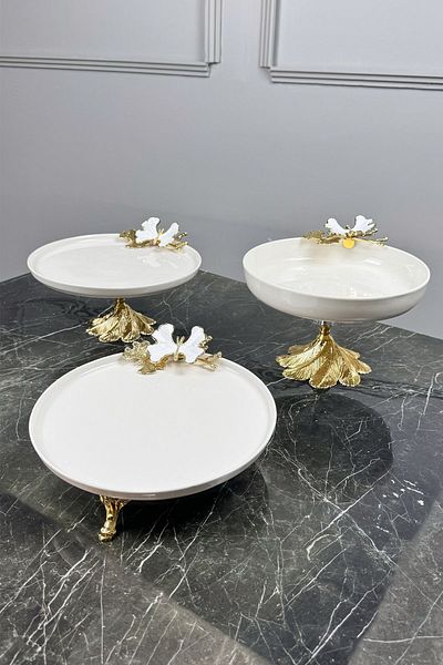 MAY HOME White Butterfly 3-Piece Porcelain Presentation Service Set & Bowl Plate with Stand