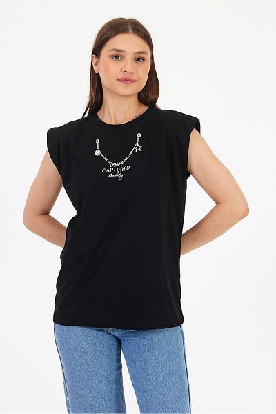PEPPER MİNT LONDON Chain Detailed Shoulder Padded T-Shirt