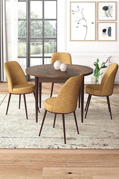 Canisa Tor Serisi Yuvarlak 90x90 Barok Ahşap Desen Sabit Masa ve 4 Cappucino Sandalye
