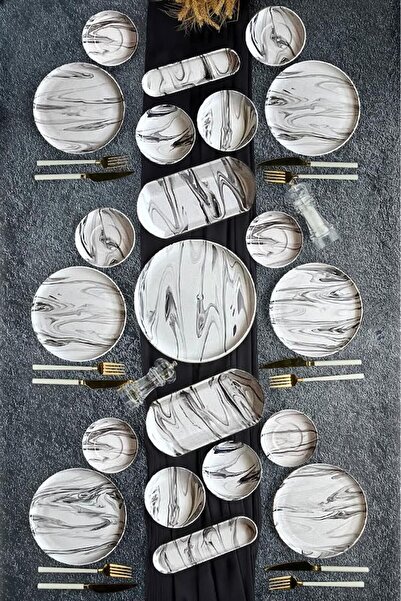 Erbaşlar 21 Piece Round Breakfast Set for 6 People - Black Marble, Single Size