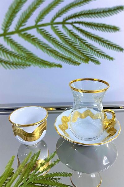 DECOSTYLE 18 Piece Glass Cup Porcelain Plate and Porcelain Mirali Tea Set