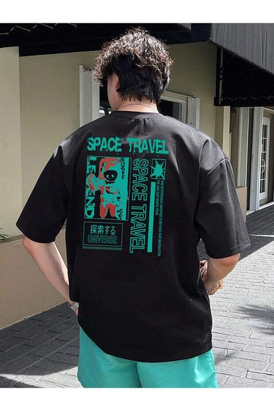 DEEPSENCE Unisex Oversize Μαύρο T-shirt - SPACE TRAVEL Back Printed
