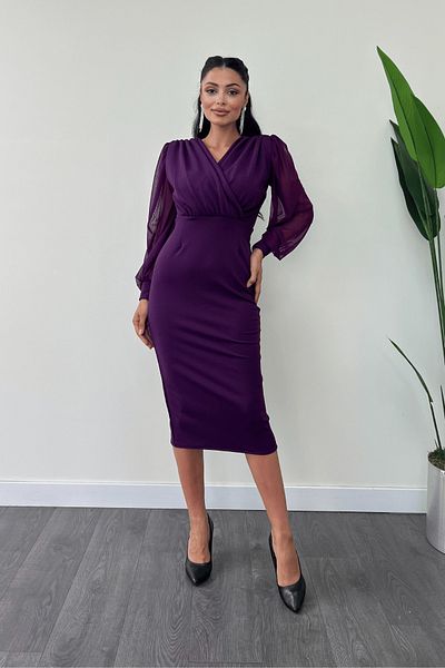 giyimmasalı Crepe Fabric Sleeves Tulle Pencil Dress - Eggplant Purple