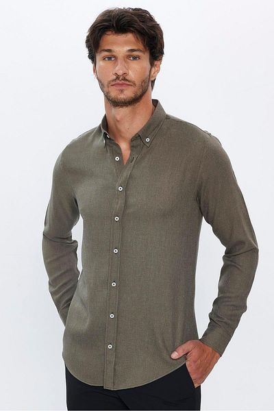 Tudors Slim Fit Long Sleeve Button Collar Winter Wool Viscose Solid Shirt