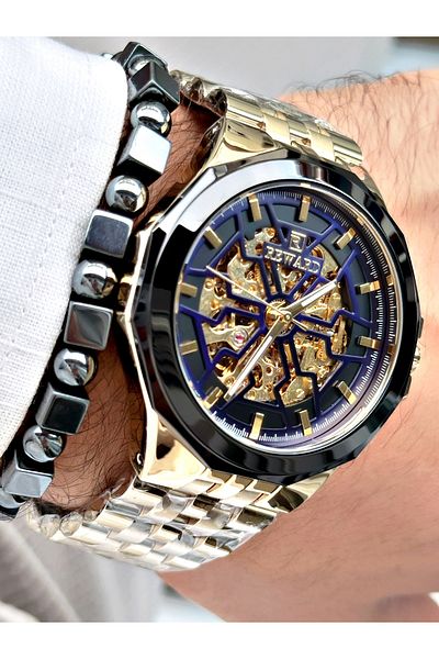 Reward Automatic Business Men's Wrist Watch - Gold Color, Steel Cord, Bracelet Included