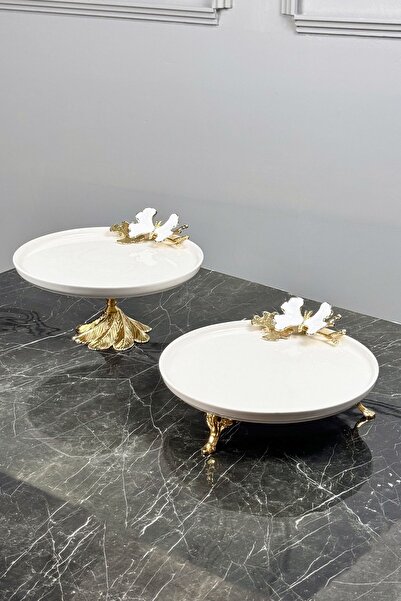 MAY HOME مجموعة الصحون البورسلين ذات الأرجل الذهبية المكونة من قطعتين من White Butterfly