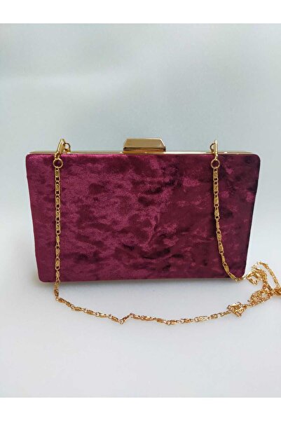 bsc حقيبة فستان سهرة مخملية باللون العنابي مع علبة ذهبية