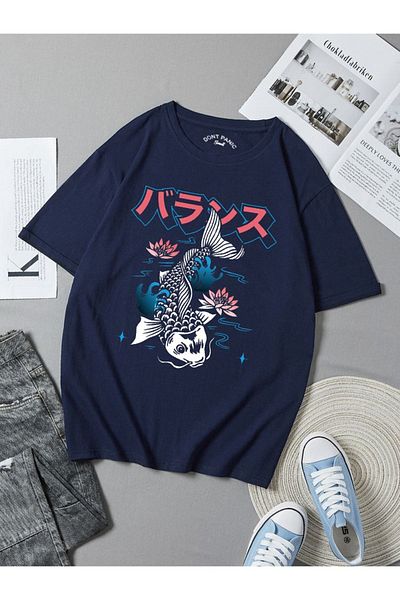 DEEPSENCE Μπλουζάκι Unisex Oversize Koibalık Print Navy Blue Χρώμα
