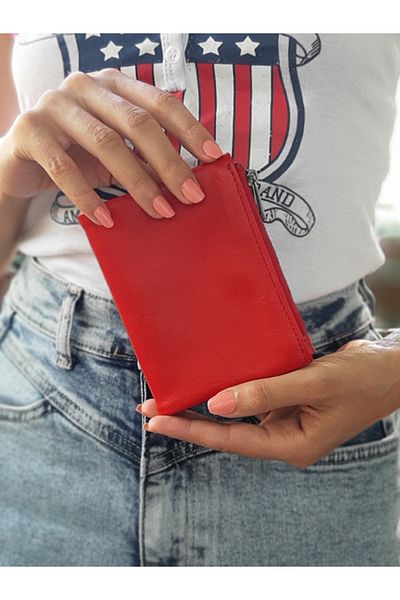 yedideri Soft Red Genuine Leather Zippered Wallet
