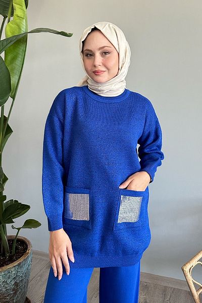 InStyle Saks Blue Sequin Pocket Glitter Knitwear Set