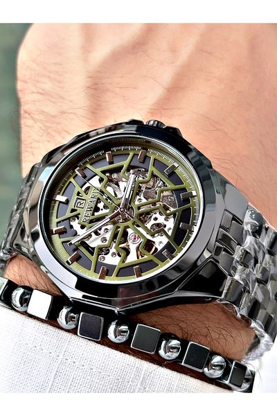 Reward Black Automatic Business Steel Band Men's Wrist Watch and Bracelet Set
