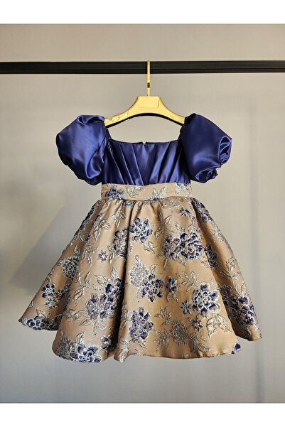 SCSTİL İNDİGO MAVİ-BEJ BROKAR ELBİSE