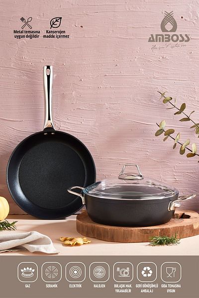Amboss 3 Piece Dark Fireproof Non-Stick Titanium Coated Pot Pan Set with Lid - 24 cm