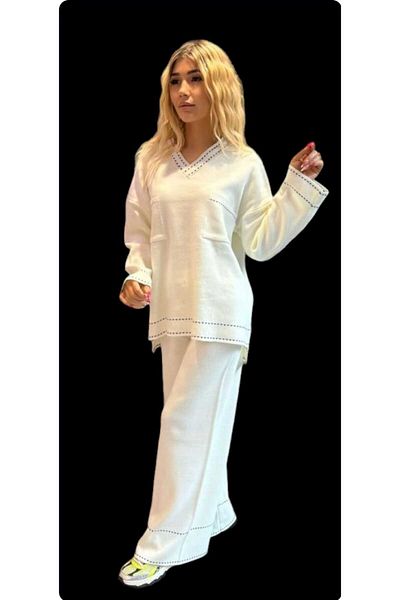 aytenli V-Neck Pocket Stripe Detailed Elastic Waist Trousers Knitwear Blouse Trousers Set