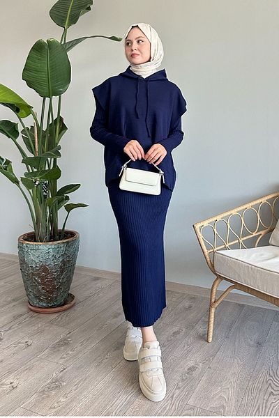 InStyle Navy Blue Knitwear Hooded Dress Set