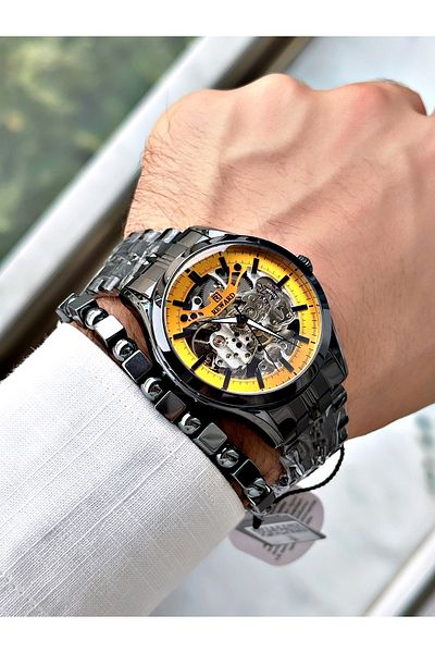 Reward Black Automatic Business Steel Band Men's Wrist Watch and Bracelet Set