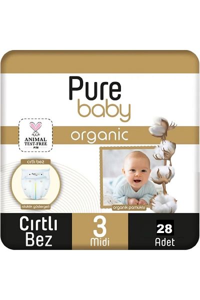 Pure Baby Size 3 Midi Organic Baby Diapers - 4-10 kg 28 Pieces