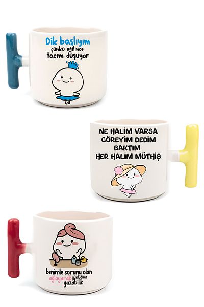 dik başlıyım Çünkü eğilince tacım düşüyor Cat Motto Printed 3-Piece Latte and Espresso Mug Set - Handmade T-Handle