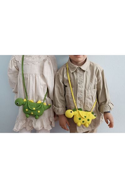 DÖNENCİX Knitted Crossbody Children's Bag Dinosaur Unisex Girls And Boys' Holiday Bag Amigurumi Bag Green Color