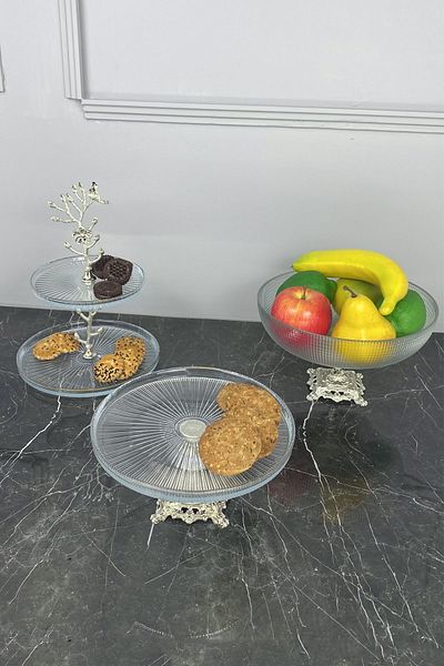 MAY HOME 3-Piece Glass Serving Serving Set with Legs & Fruit Cookies Cookie Cake Dessert Bowl Plate Set