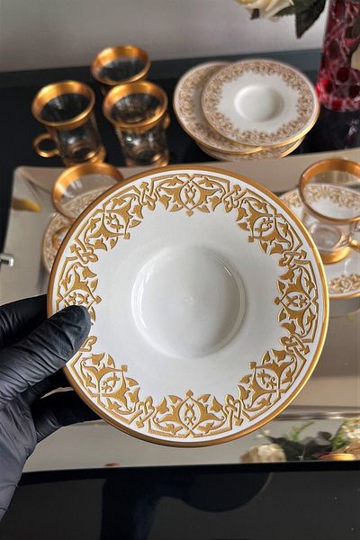 DECOSTYLE NİDA GOLD PATTERN EMBROIDERED 12 PIECES WITH GLASS HANDLES AND PORCELAIN SOLE