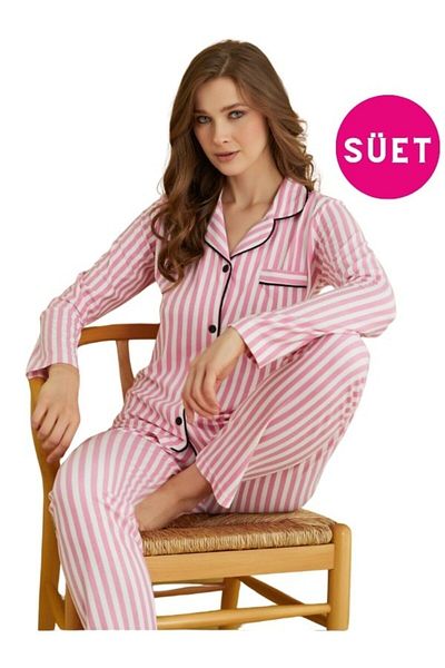 bie's Pink Striped Satin Piping - Suede Winter Long Sleeve Pajama Set with Shirt Collar and Pockets