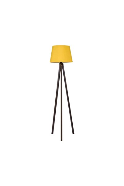 Modamonline Ahşap Lambader 3 Ayaklı Tripod Abajur Kumaş Sarı Ceviz
