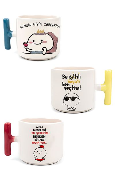 dik başlıyım Çünkü eğilince tacım düşüyor Cat Printed Latte Espresso Handmade - Set of 3 Mugs with t Handles