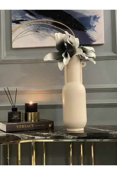 AstreHome El Yapımı Uzun Dekoratif Seramik Vazo - 40 Cm Bej Rengi