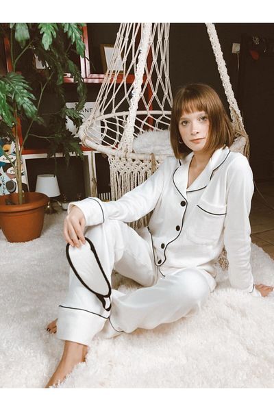 Serbella Set de pijamale cu mânecă lungă din bumbac alb ecru