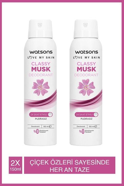 Watsons Classy Musk 24 Saat Etkili Pudrasız Deodorant Sprey 150 Ml X2 Adet