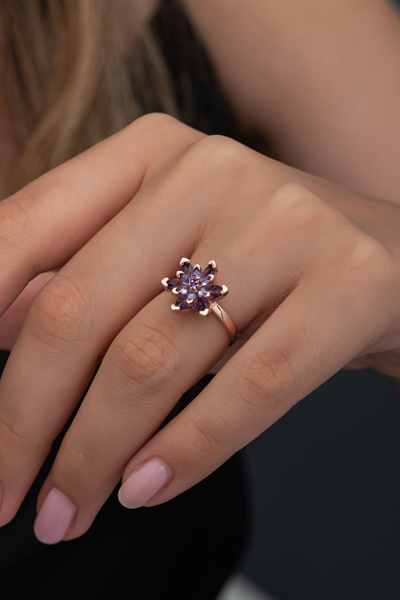 ALYANSEVİM Mor Taşlı Lotus Çiçeği 925 Gümüş Kadın Yüzük