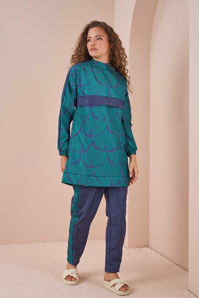 Mevra Листяний візерунок, закритий купальник, короткий, індиго