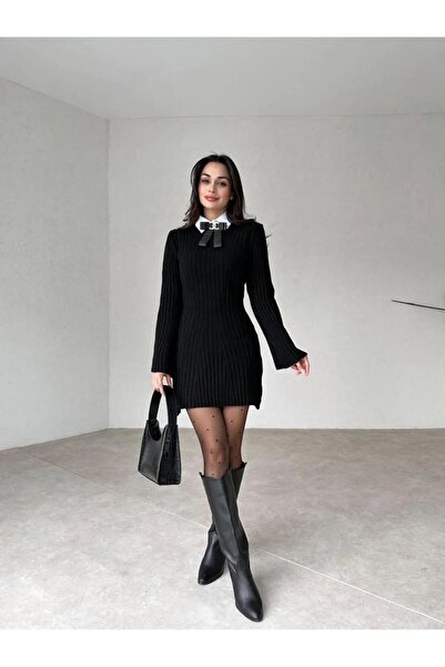10NUMARAMODA 10 NUMARA MODA Kadın Antrasit Bisiklet Yaka Kloş Mini Fitilli Kışlık Triko Elbise 10NMR2966