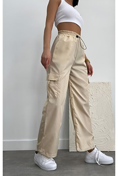 Lixera Μπεζ παντελόνι αλεξίπτωτου τσέπης Cargo με ψηλόμεσο λάστιχο μέσης (ΠΑΡΑΓΓΕΙΛΤΕ ΤΗΝ ΠΙΝΑΚΑΣ)