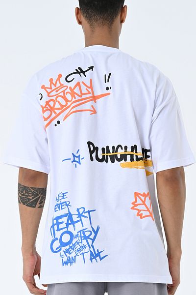 AMAZING CRASH Tricou alb unisex cu imprimeu oversize cu decolteu