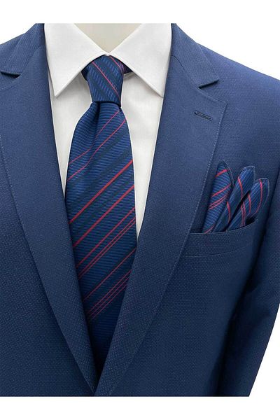 Brianze Navy Blue and Red Striped Tie HandKerchief Set