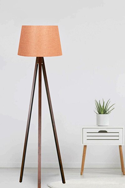 modamvip 3 Ayaklı Lambader Tripod Ayak Üç Ayaklı Ahşap Abajur Konik Kumaş Turuncu Başlık Kahverengi Ayak