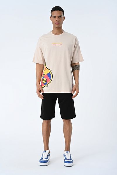 AMAZING CRASH Μπεζ μπλουζάκι Unisex με στάμπα με λαιμόκοψη Oversize