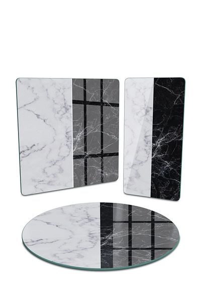 Decovetro 3-Piece Mixed Set - Glass Presentation Serving, Double Black and White Marble Patterned Plate