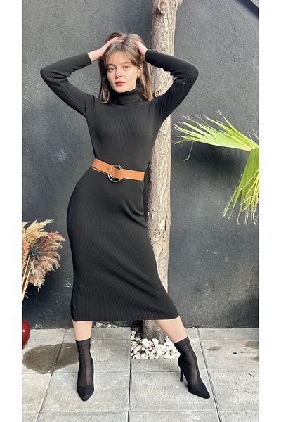ayakuydur High-rise Black Long Women's Knitwear Dress