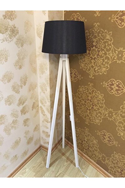Modamonline 3 Ayaklı Lambader Tripod Ayak Ahşap Abajur Konik Kumaş Siyah Beyaz