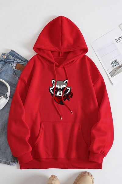 Rex Darius Raccoon Printed Oversize Unisex Hooded Sweatshirt Hoodie