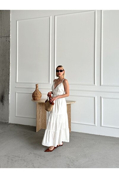 R&G RIMANERE GIOVANI Kadın Ince Askılı Sırt Dekolteli Beyaz Salaş Elbise