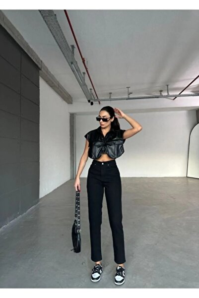 BİENAL BUTİK MAMİ Жіночі джинси з високою талією Power Likra - Чорні нелиняючі джинси Mom Jean Boyfriend