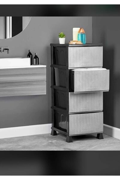 Genel Markalar Büyük Boy Siyah Gri 4 Çekmeceli Plastik Komidin Sebzelik Şifonyer
