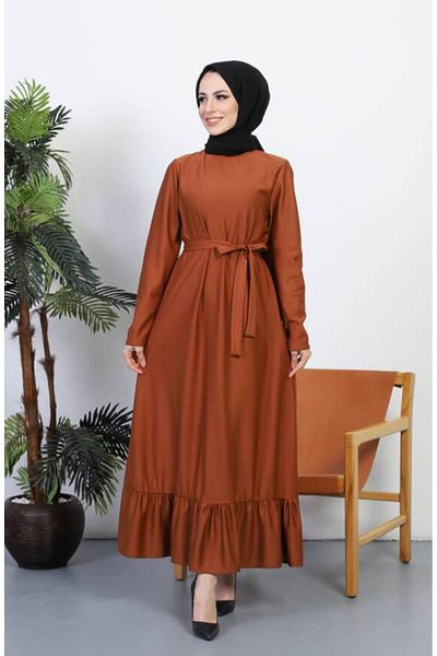 sefamerve Tan Colored Belted Dress - 0582-01